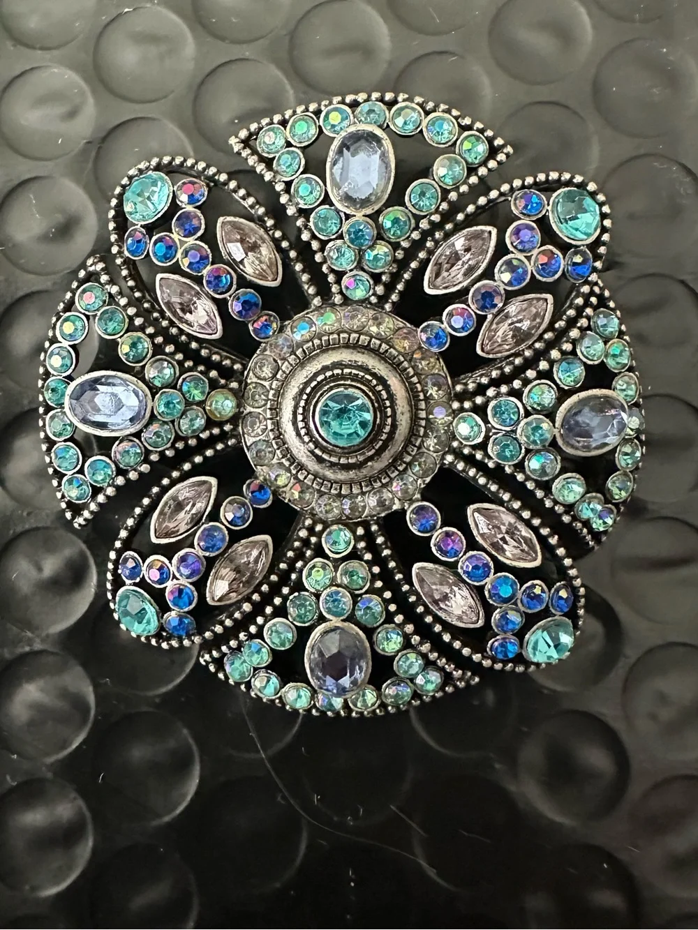 🌸 Blue Teal Rhinestone Floral Brooch Pin Antique Silver Tone Vintage Style